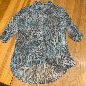 Easywear by Chico's Blue Grey Paisley Leopard Print Roll‎ Tab Blouse Size Medium